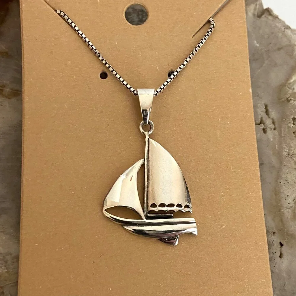 Sterling Silver 925 Unisex Sailboat Nautical Boat Pendant Necklace 20